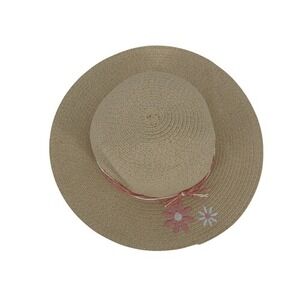 Laura Ashley Girls 4-6X Straw Floral‎ Embroidered Sun Hat Beige Shimmer